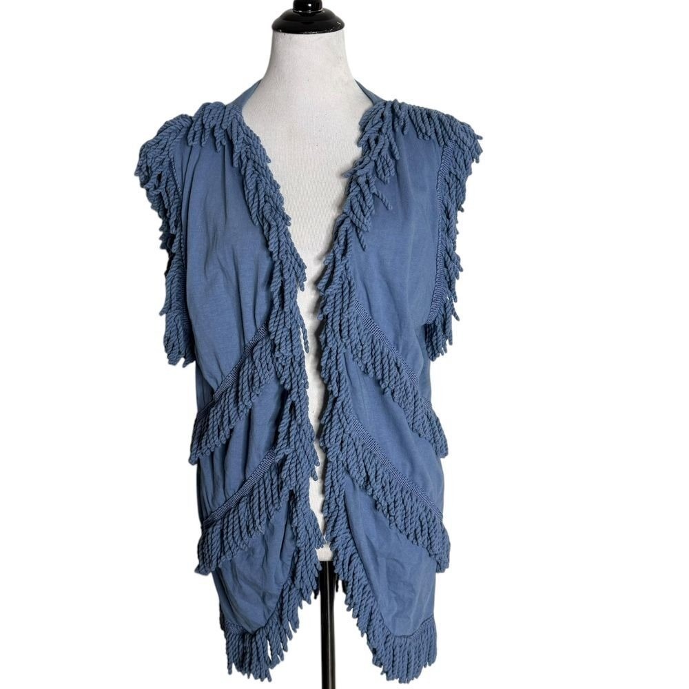 CACHE Open Front Blue Fringe Cardigan Vest One Size BOHO Western Shaggy